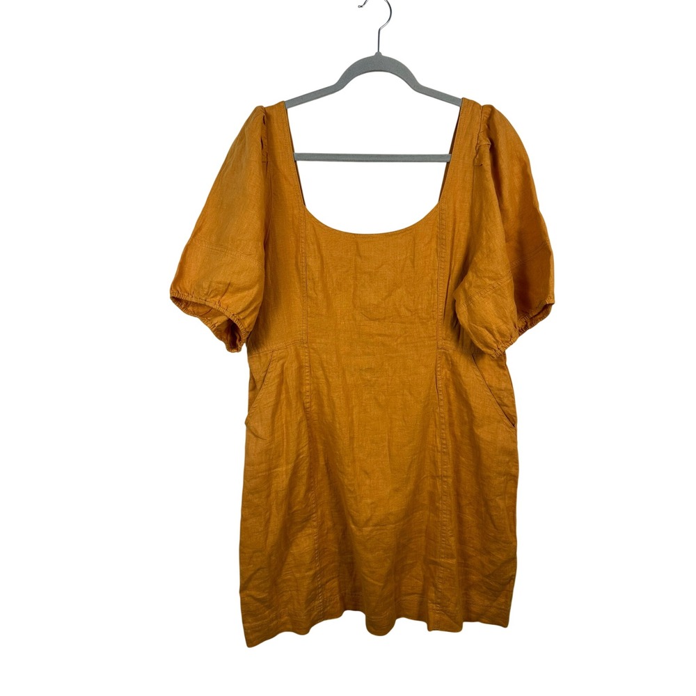 Madewell Mini Dress Women 16 Orange New Linen Puff Sleeve Smocked NL116